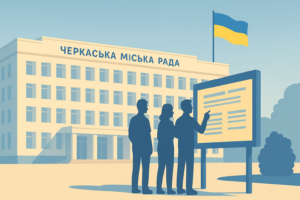 Зображення: Ілюстрація будівлі Черкаської міської ради з українським прапором, на передньому плані — силуети людей, які читають оголошення на інформаційній дошці. Мінімалістичний стиль, синьо-жовта кольорова гама.